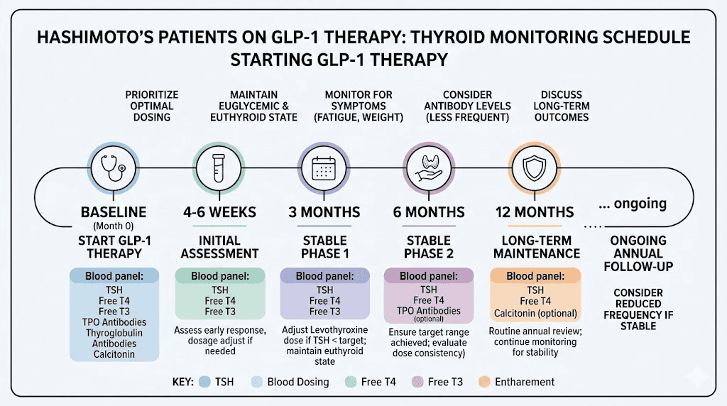 Thyroid monitoring schedule for Hashimoto's patients on GLP-1 medications