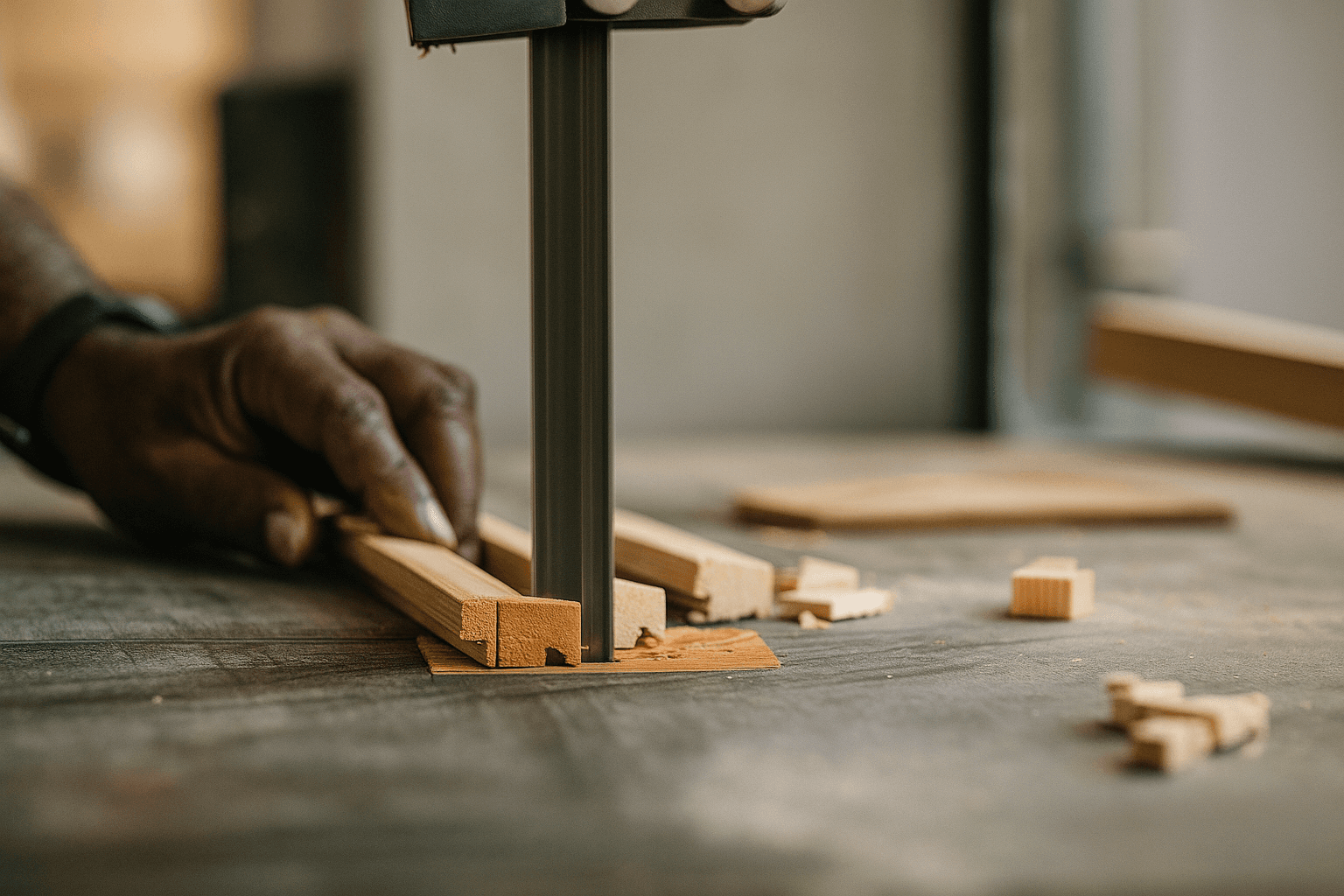 Gros plan d'une main guidant une planche de bois dans une scie à ruban verticale. La sciure de bois entoure la planche, ce qui témoigne de la précision et du savoir-faire des artisans.