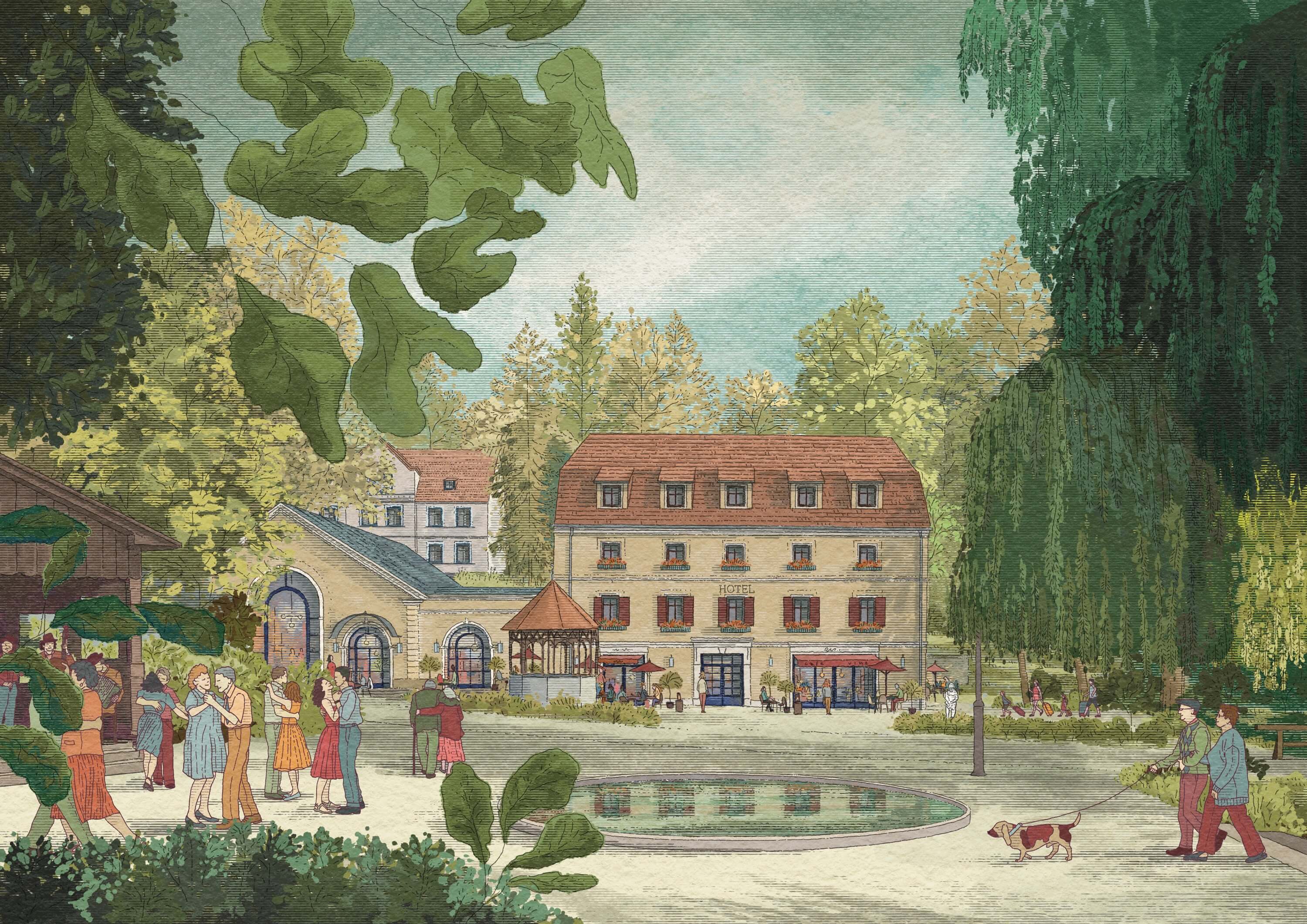 A serene landscape featuring a house surrounded by trees, a pond, and people enjoying leisure activities.