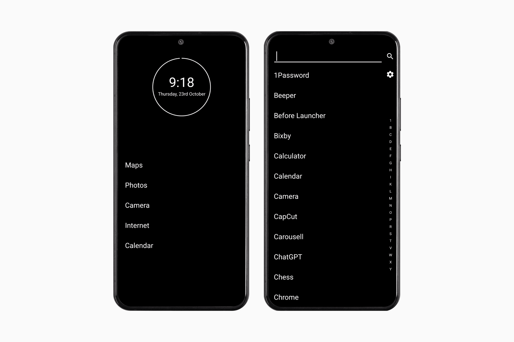 Minimalist Phone launcher home screen and app drawer.