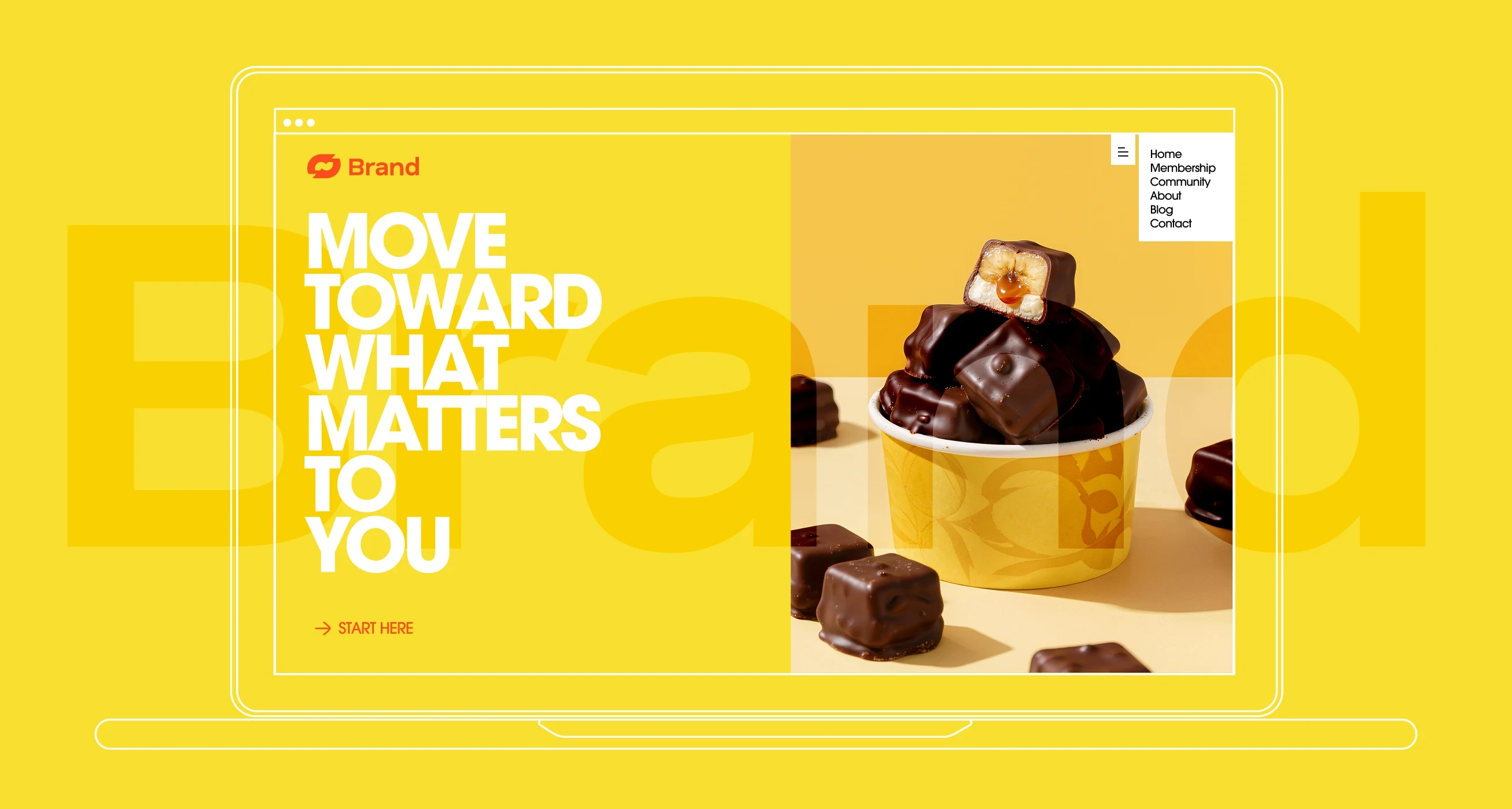 Yellow background with chocolate squares in a cup, text reads "Move Toward What Matters."