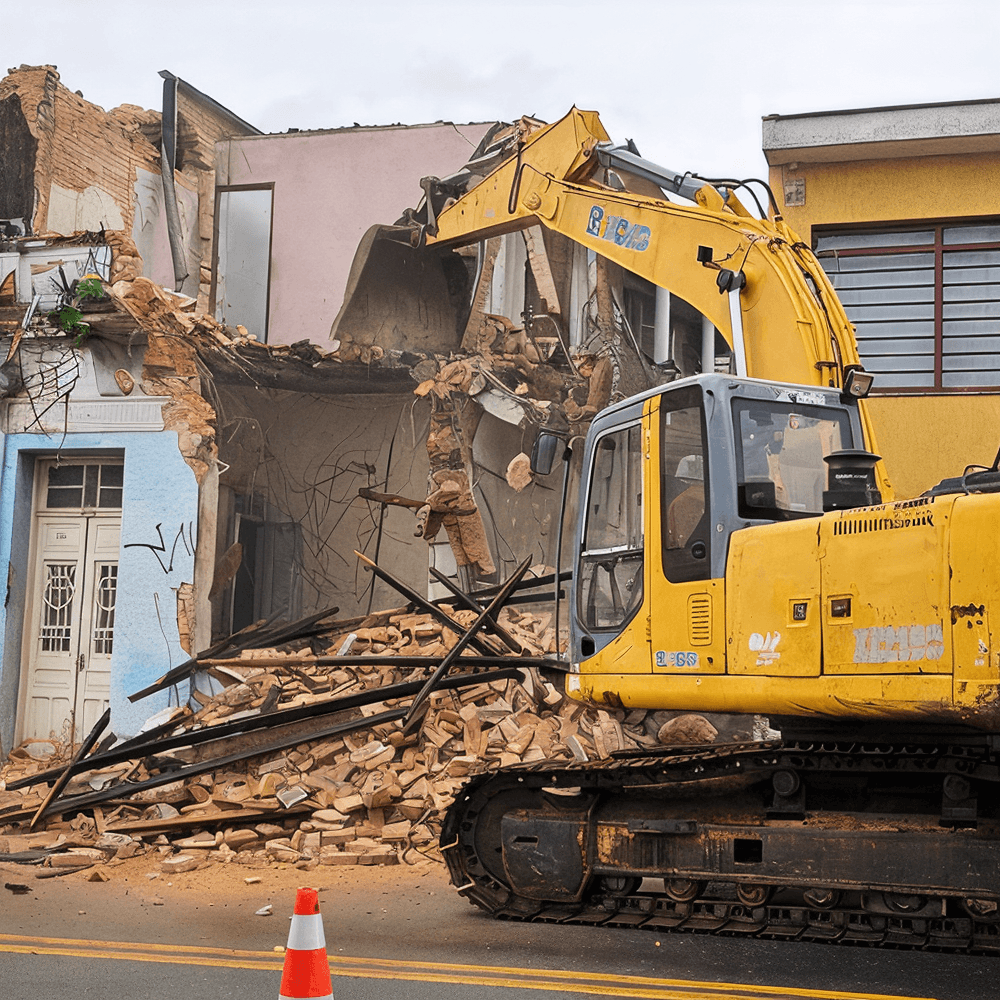 yellow excavator beside brown brick wall