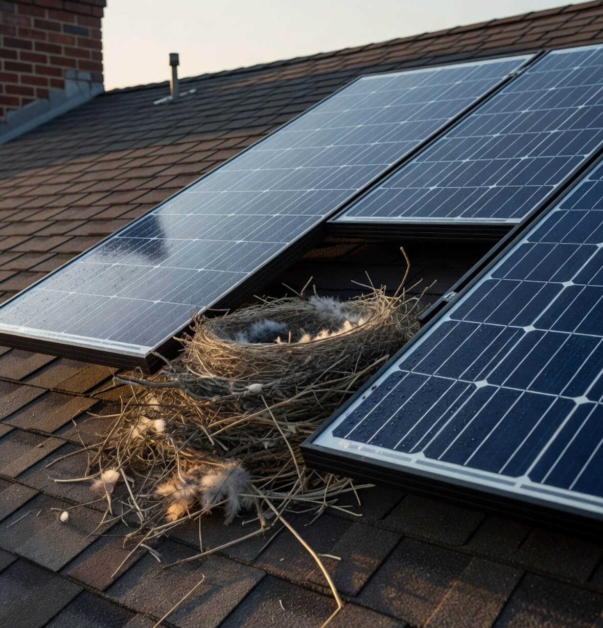 Bird nest built underneath solar panels on a residential rooftop causing potential damage and performance issues