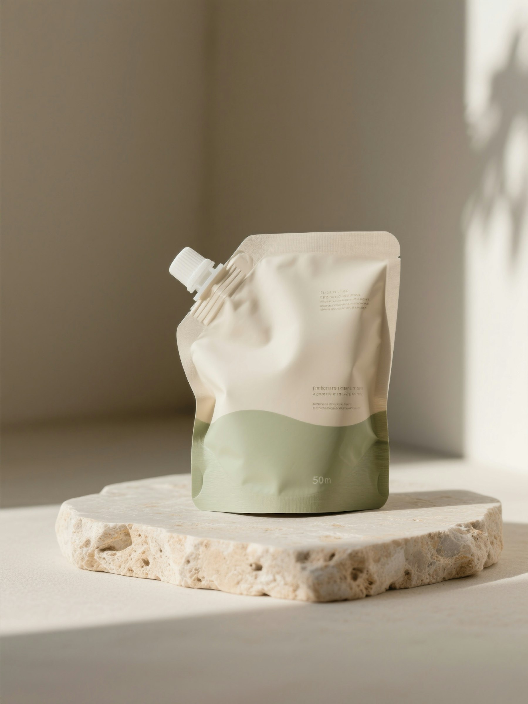 Minimalist beige and green pouch with spout cap on a stone slab, softly lit with plant shadows, emphasizing eco-friendly design.