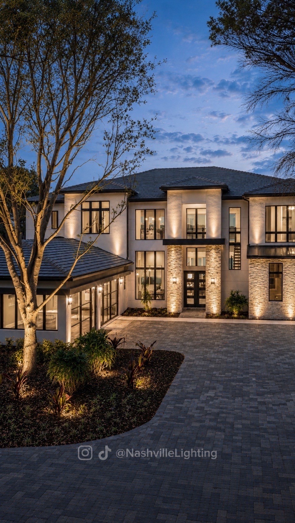 Nashville modern home with architectural exterior lighting