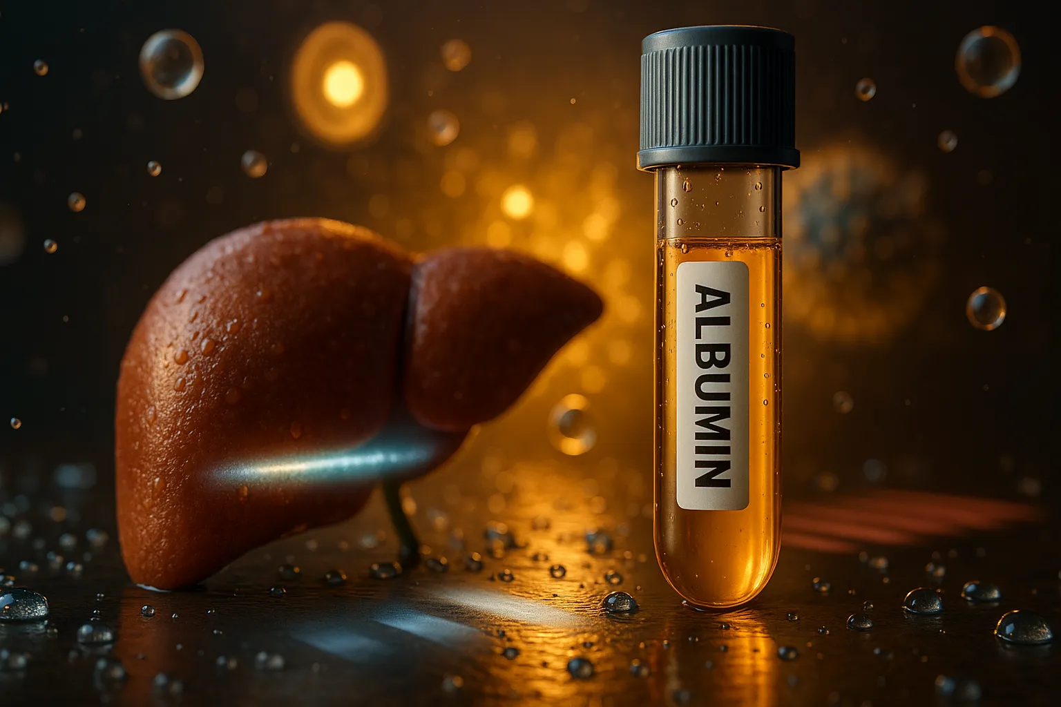“Albumin blood test vial beside stylized liver with glowing droplets.