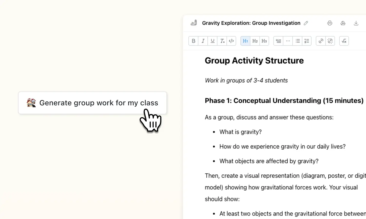 Thumbnail showing Ai group work activity on gravity for a 9th grade physics class