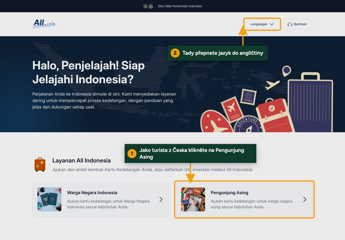 Úvodní stránka All Indonesia s vyznačenou volbou jazyka a kartou Pengunjung Asing pro cizince