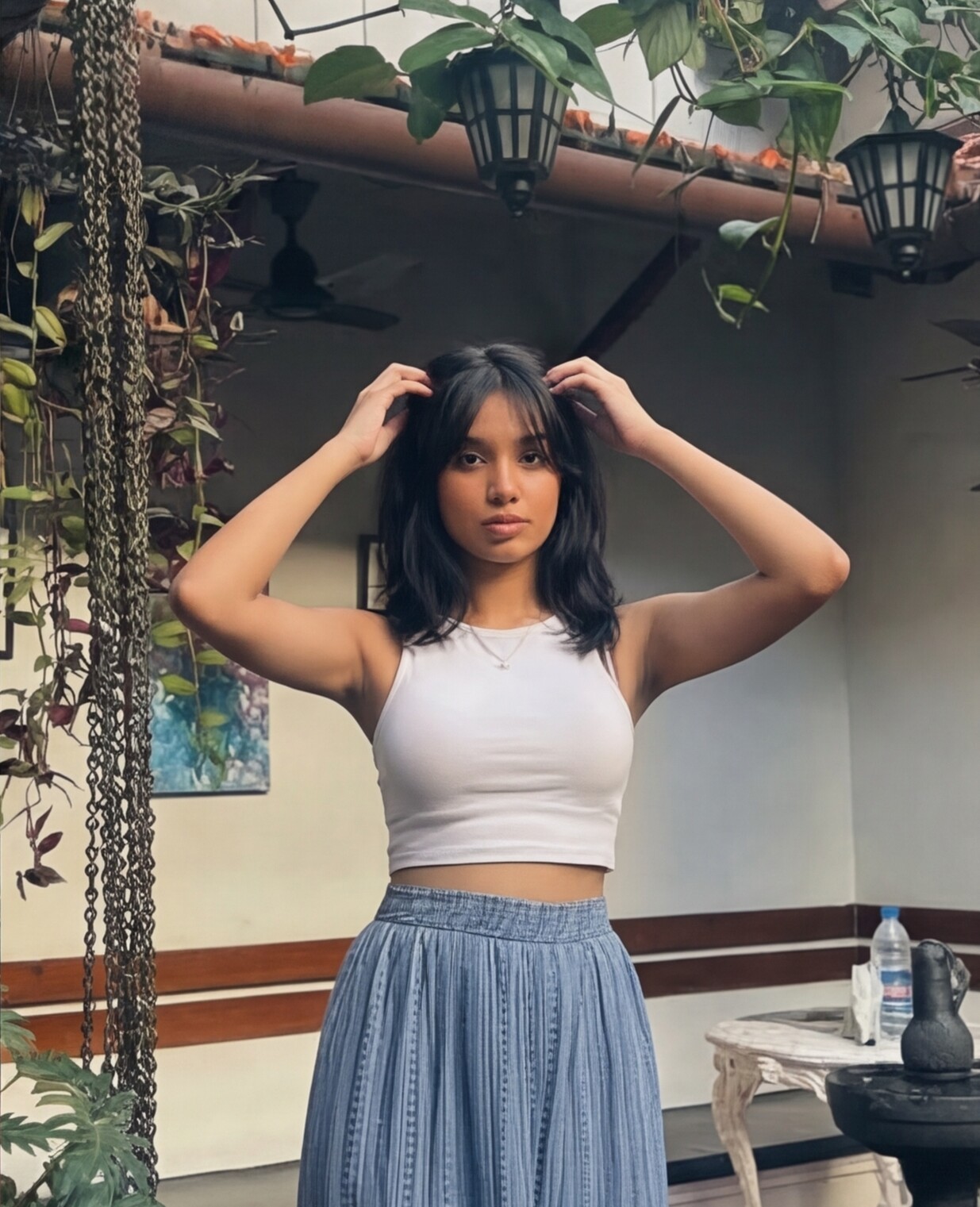 White Crop Top with Light Blue Pleated Maxi Skirt