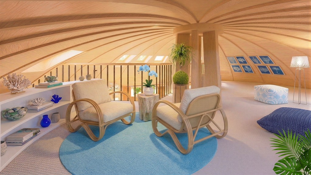 Coin salon en mezzanine avec deux fauteuils en rotin, tapis rond bleu et plantes vertes