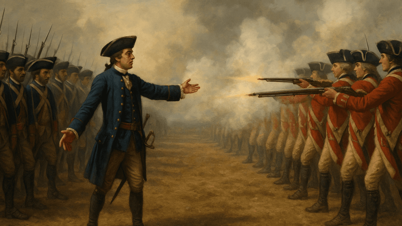 Peinture représentant un officier au centre d’un champ de bataille, face à des soldats en ligne qui présentent leurs armes.