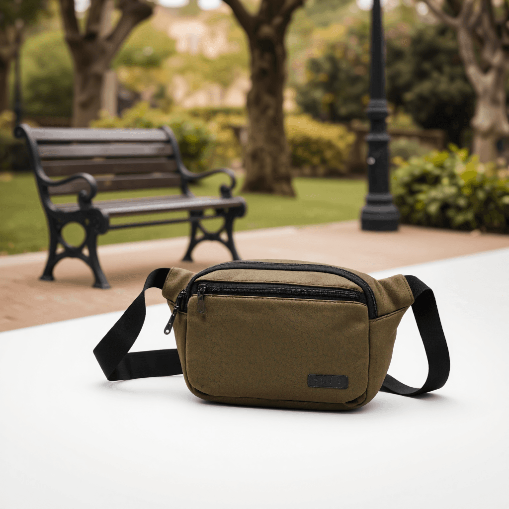 product photography of a stylish men's waist bag, designed for casual use