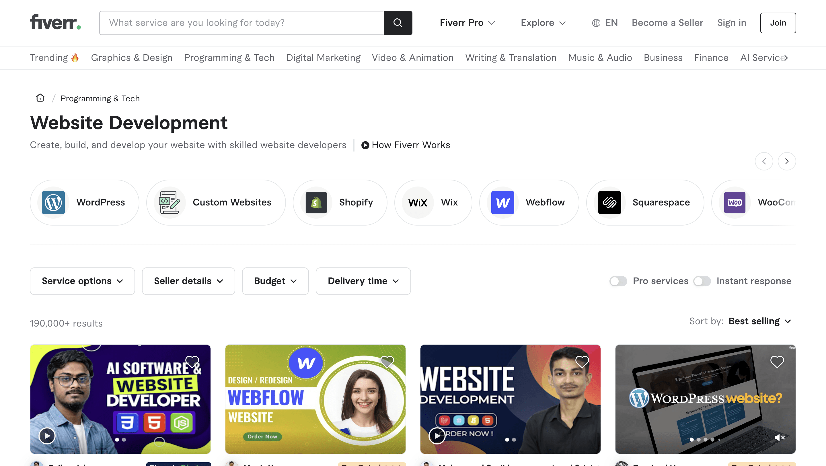 List of gigs on Fiverr website