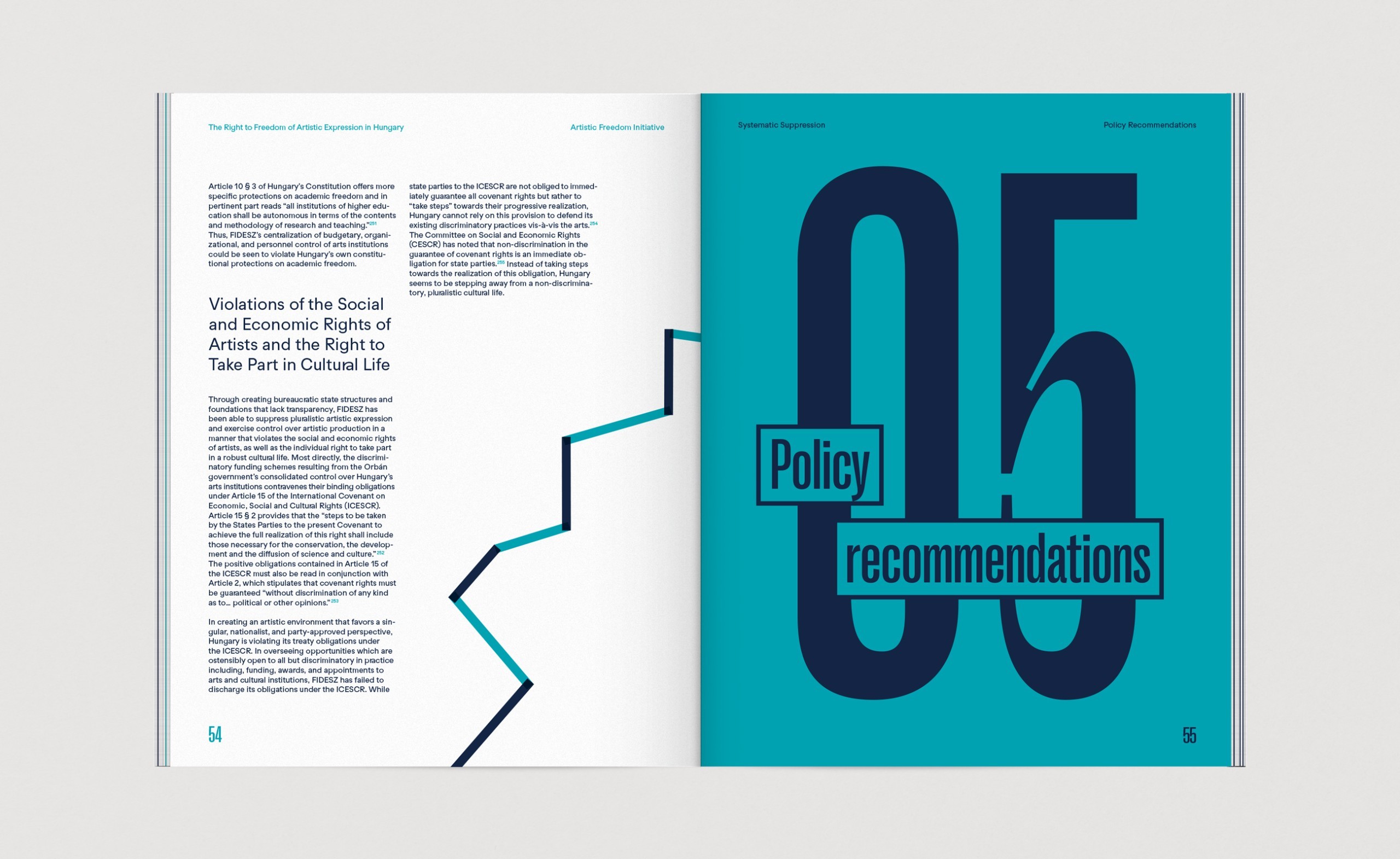 A spread from the report showing both body copy and a chapter divider with massive numbers and typography.