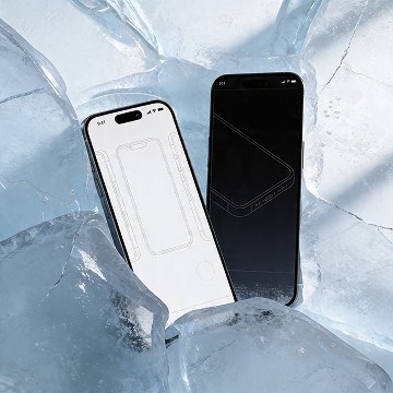 Two smartphone mockups placed among translucent ice textures, creating a cold, minimal aesthetic.