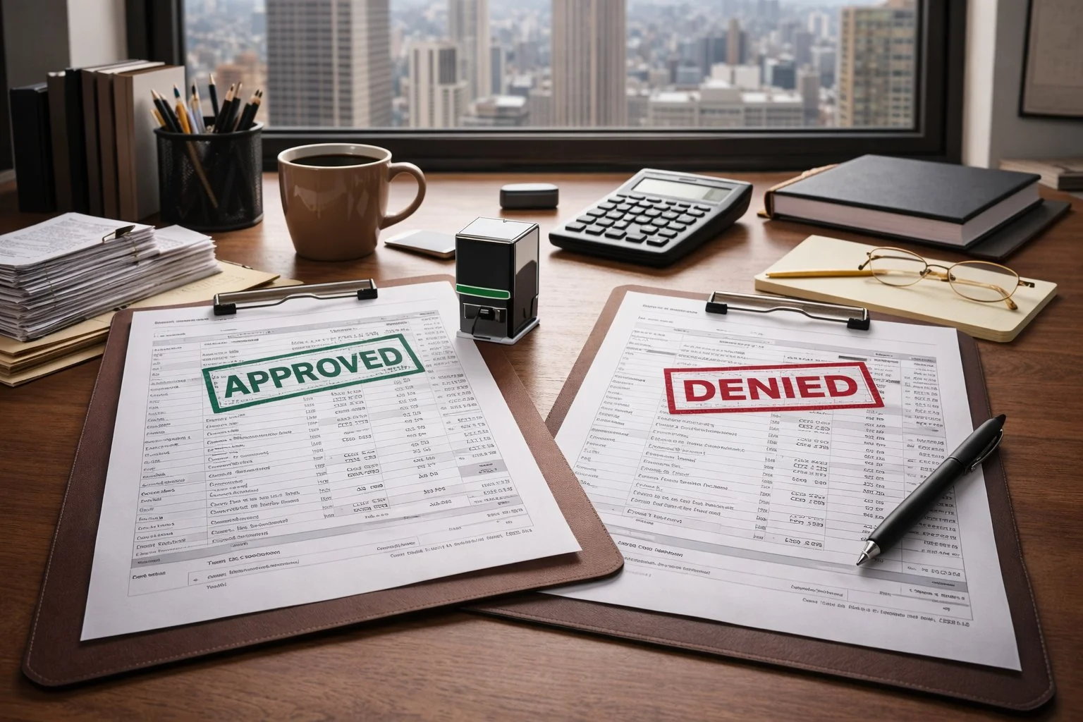Calm office scene with business documents stamped approved and denied beside everyday office items, representing expense evaluation. 
