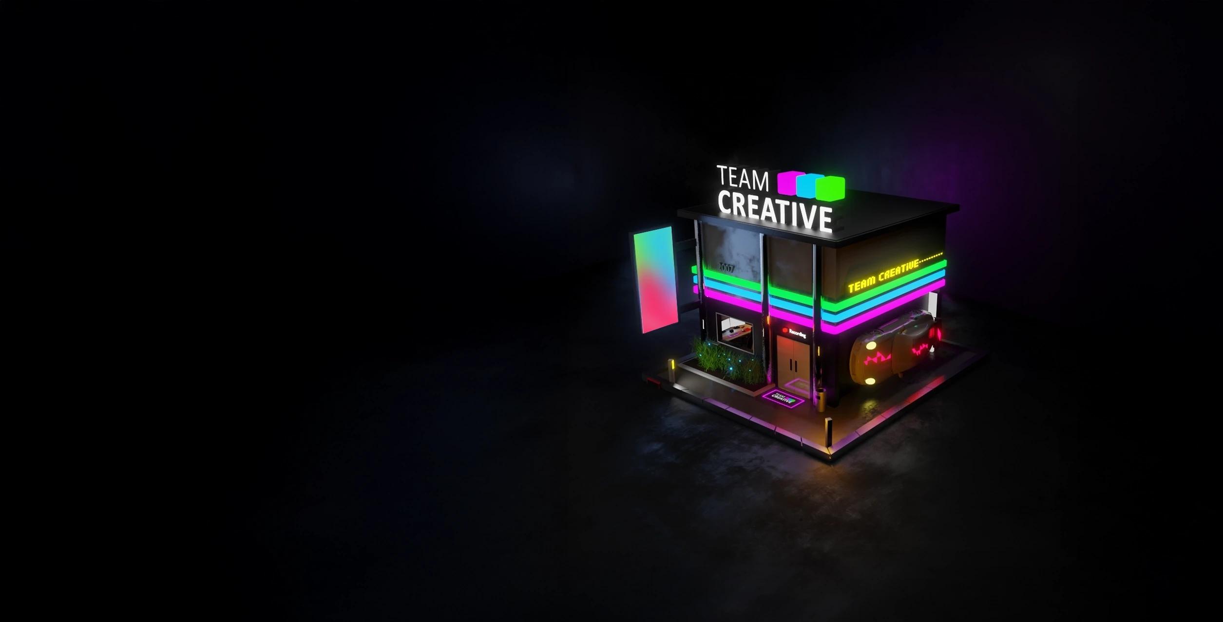 Team Creative Media Services Home page cover photo cyberpunk style house porsche turboS 911 992 PC setup Led signs