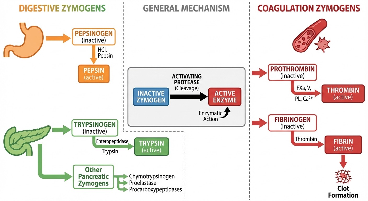 Zymogen activation cascade showing digestive and coagulation pathways