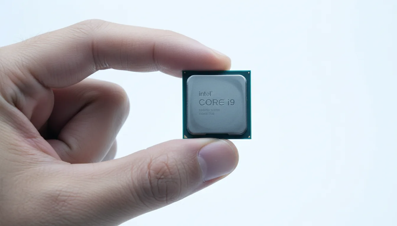 DSLR product photograph of a hand holding a modern Intel Core i9 CPU between the thumb and forefinger. The shot is a close-up against a clean, bright white background, under soft studio lighting. Sharp focus on the detailed brushed metal texture of the processor's heat spreader and the realistic skin texture of the hand. Minimalist, high-key aesthetic with a slightly cool color grade.