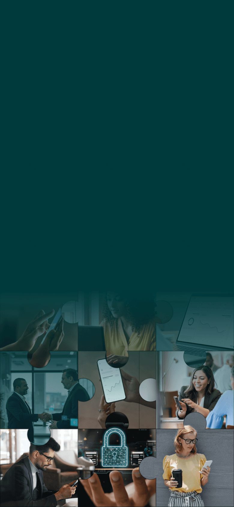 Mosaico em formato de peças de quebra-cabeça mostrando diferentes profissionais utilizando tecnologia e analisando dados financeiros, simbolizando a integração do Smart Banking ao negócio