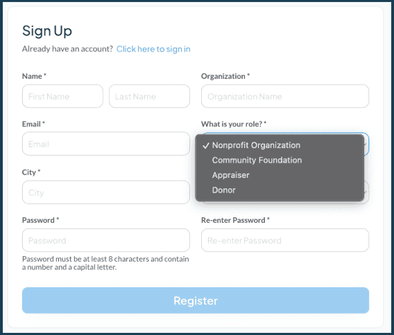 Role selections for user sign up.