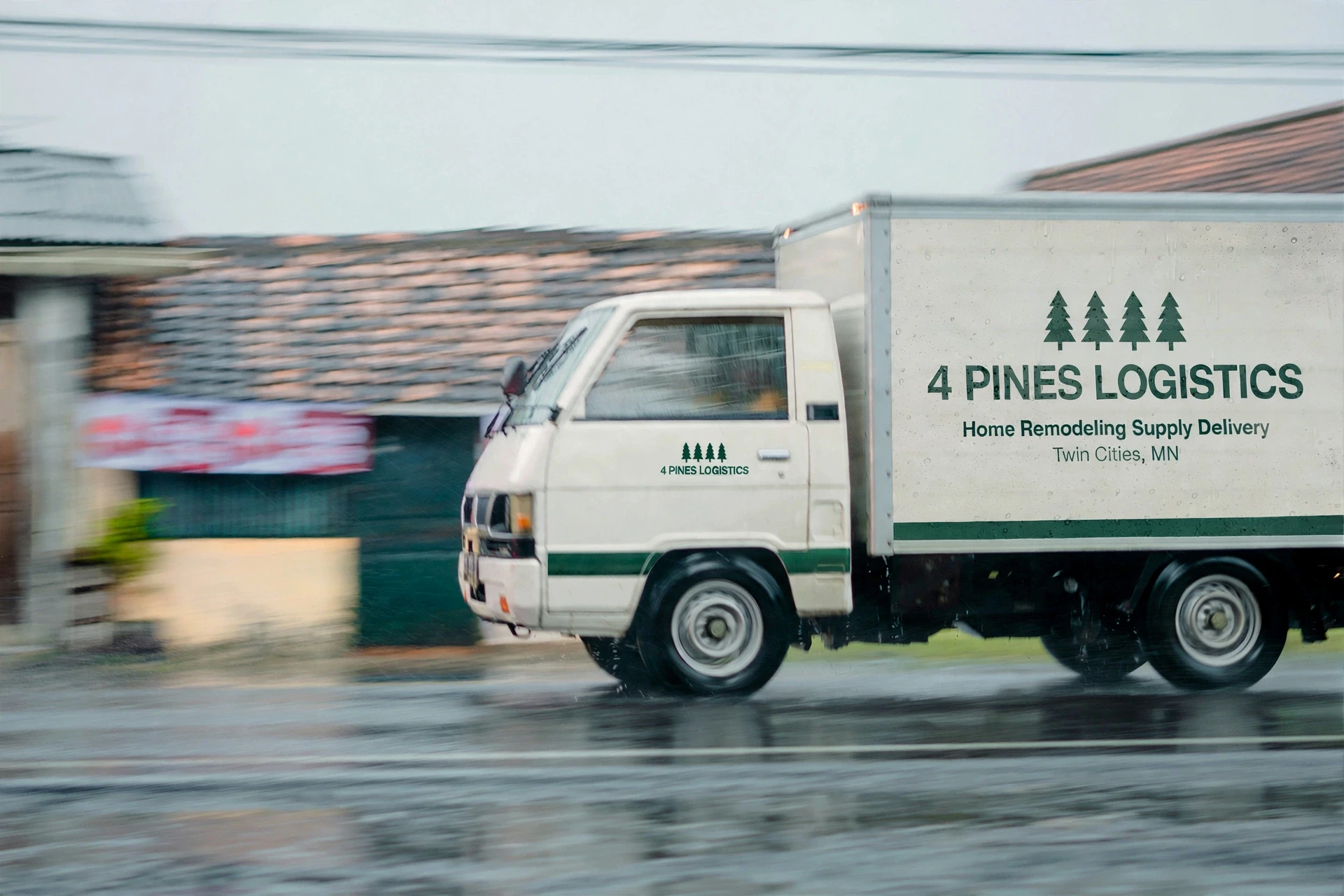 4 Pines Logistics delivery truck on a rainy street