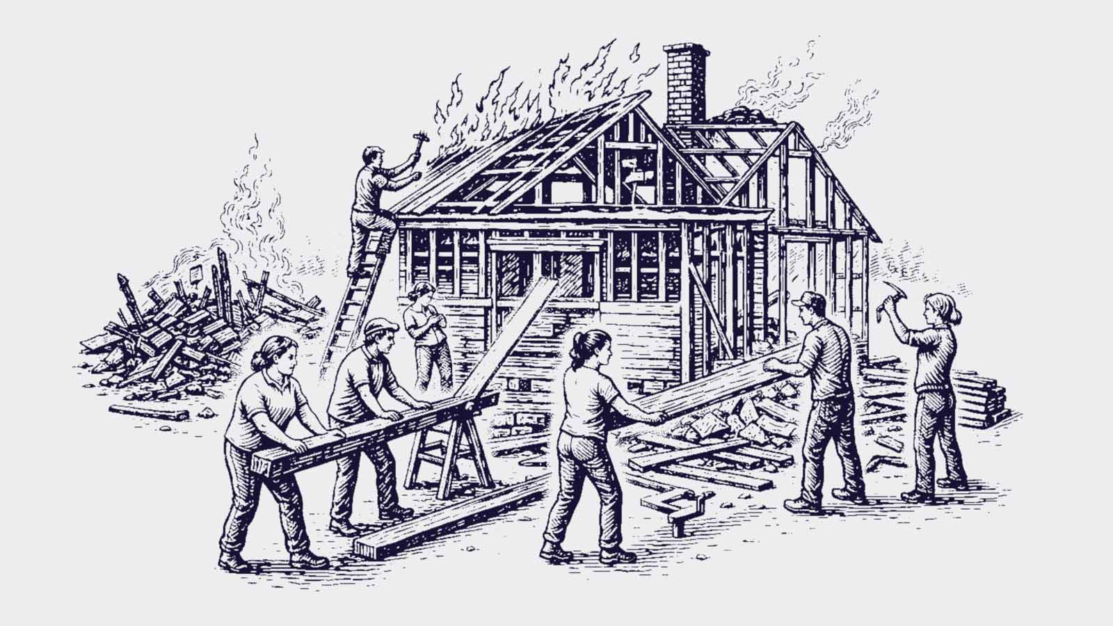 Ilustración de personas que reconstruyen con maderas una casa en la carta al director Reconstrucción de IdeaPaís.