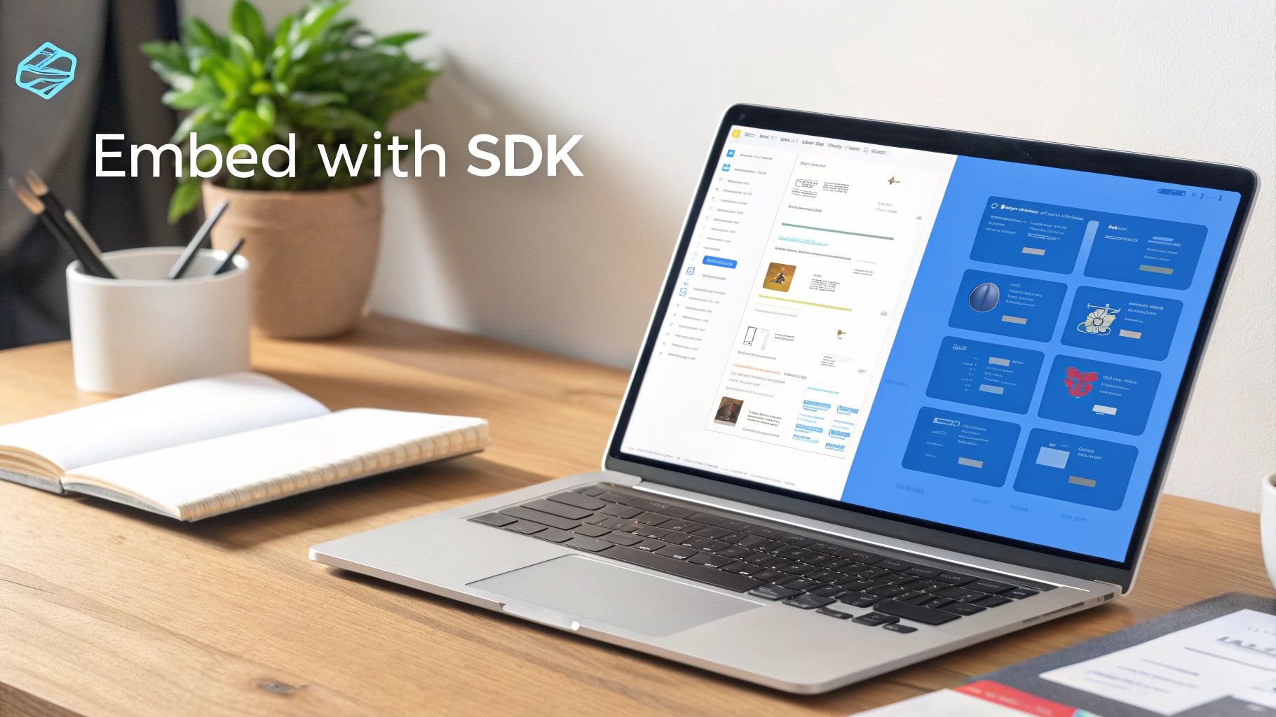 A laptop displaying a software interface with 'Embed with SDK' on a wooden desk next to a plant and notebook.