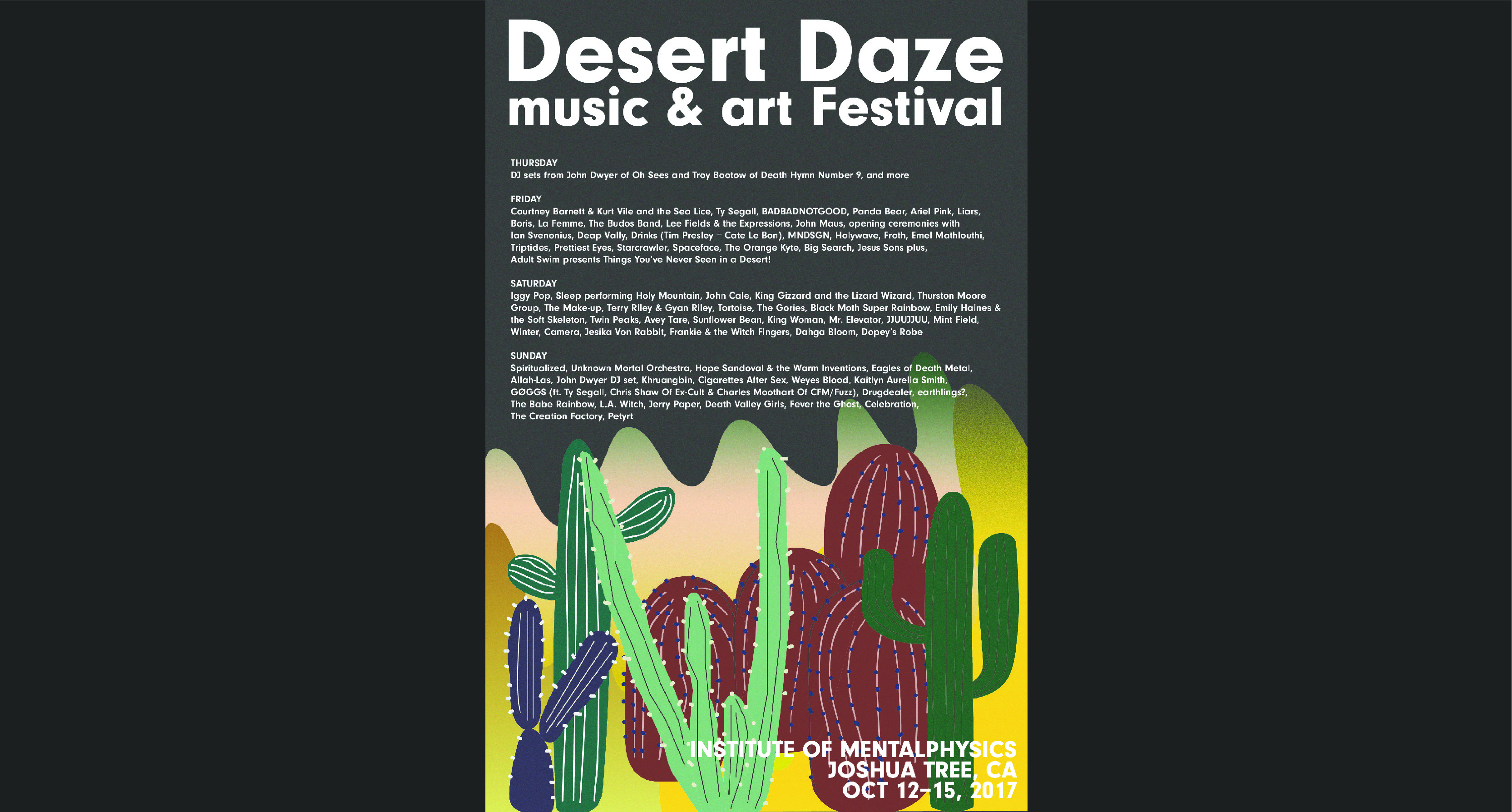 A Desert Daze music & art festival poster with some colorful cacti.