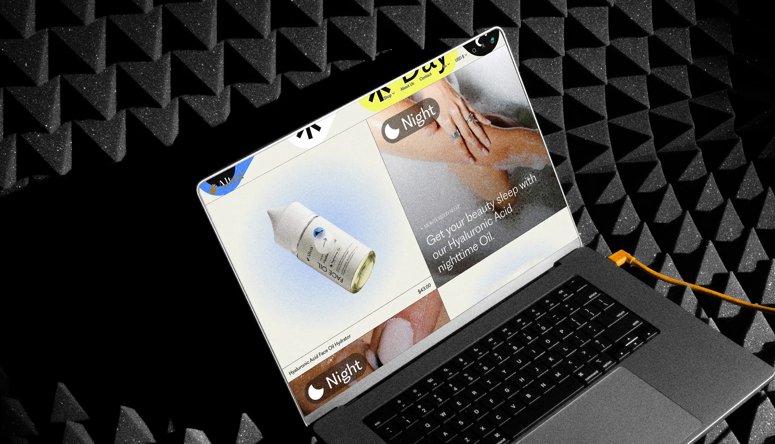 Laptop displayed on textured foam surface showcasing the Altea Skincare homepage.