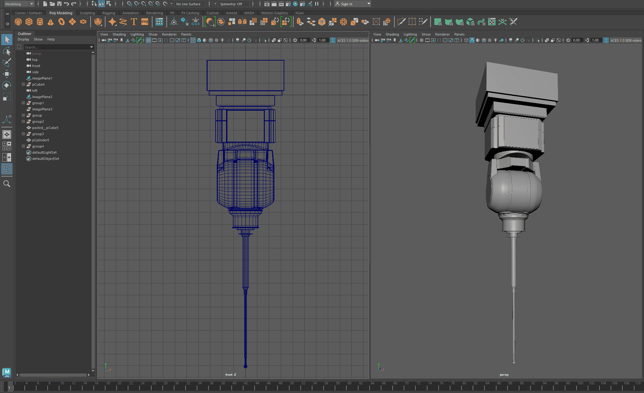 Widok obszaru roboczego w programie Maya przedstawiający proces tworzenia precyzyjnego modelu 3D elementu mechanicznego