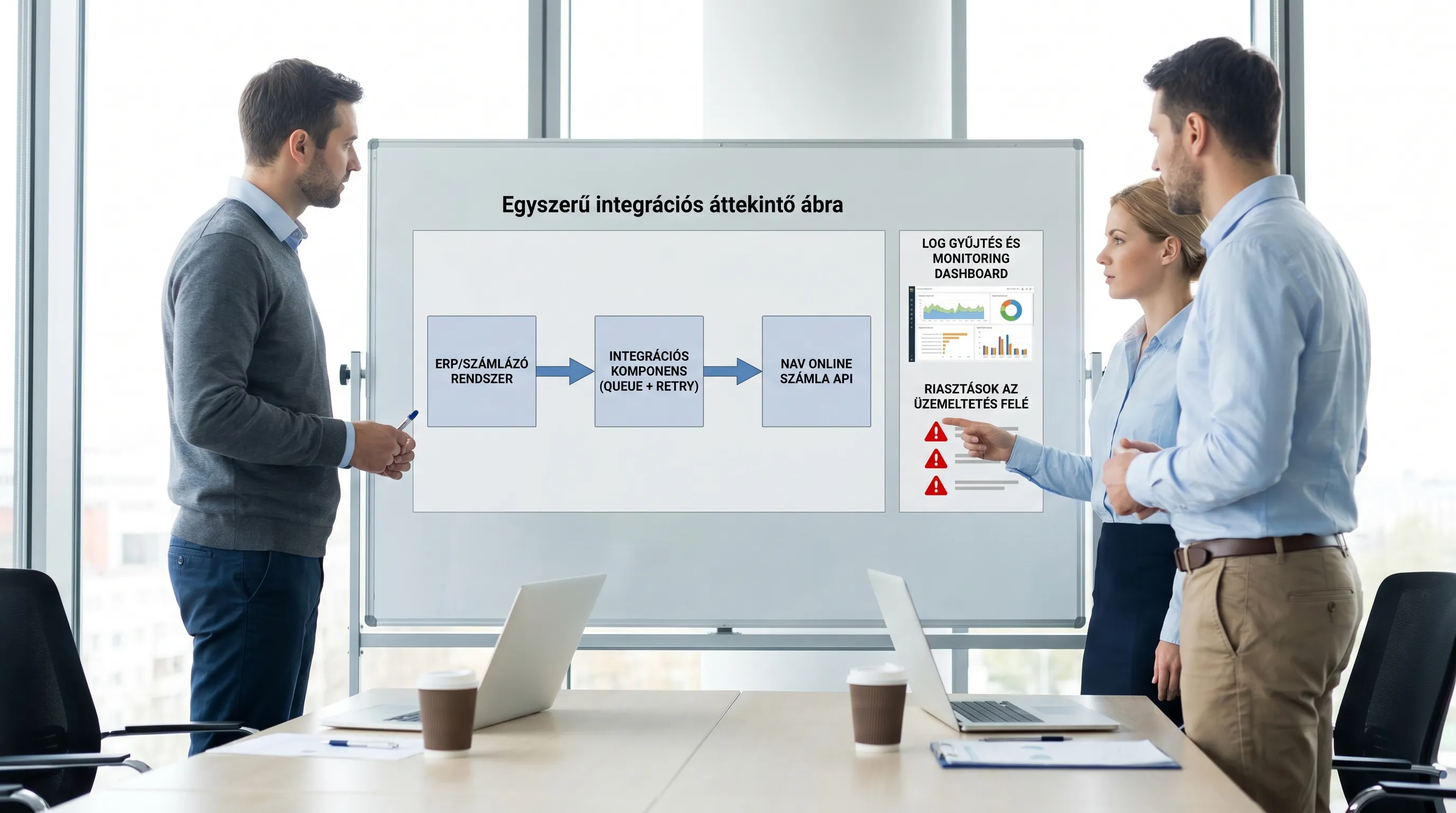 Simple integration overview diagram: ERP/invoicing system -> integration component (queue + retry) -> NAV Online Invoice API, along with log collection and a monitoring dashboard, as well as alerts sent to operations.