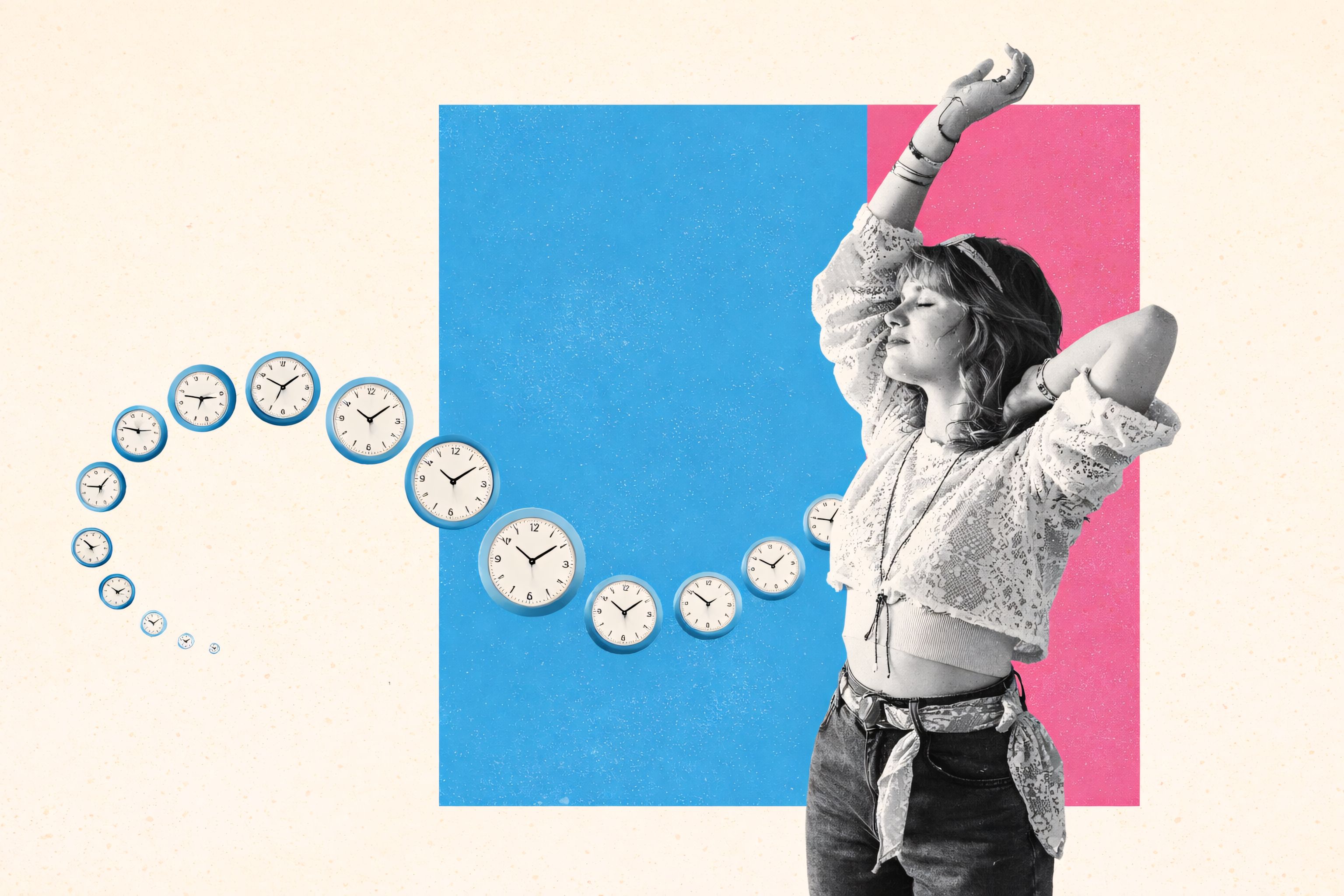 Interior designer stretching while floating clocks represent untracked work hours and timesheet management challenges