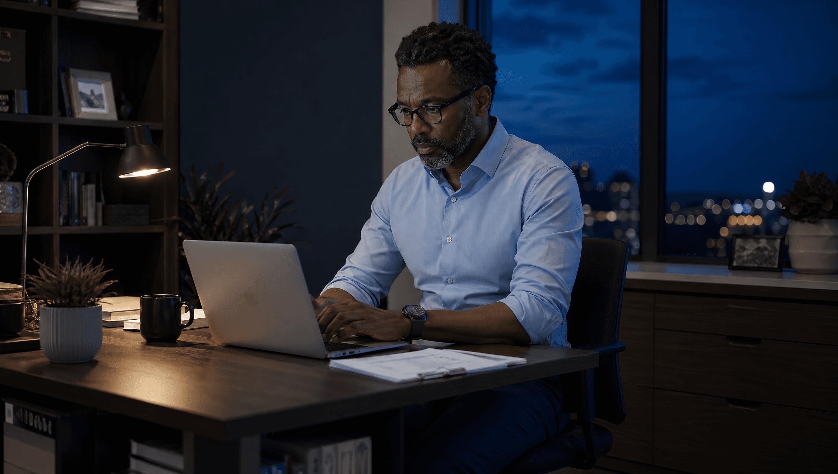 Business owner reviewing documents at a desk