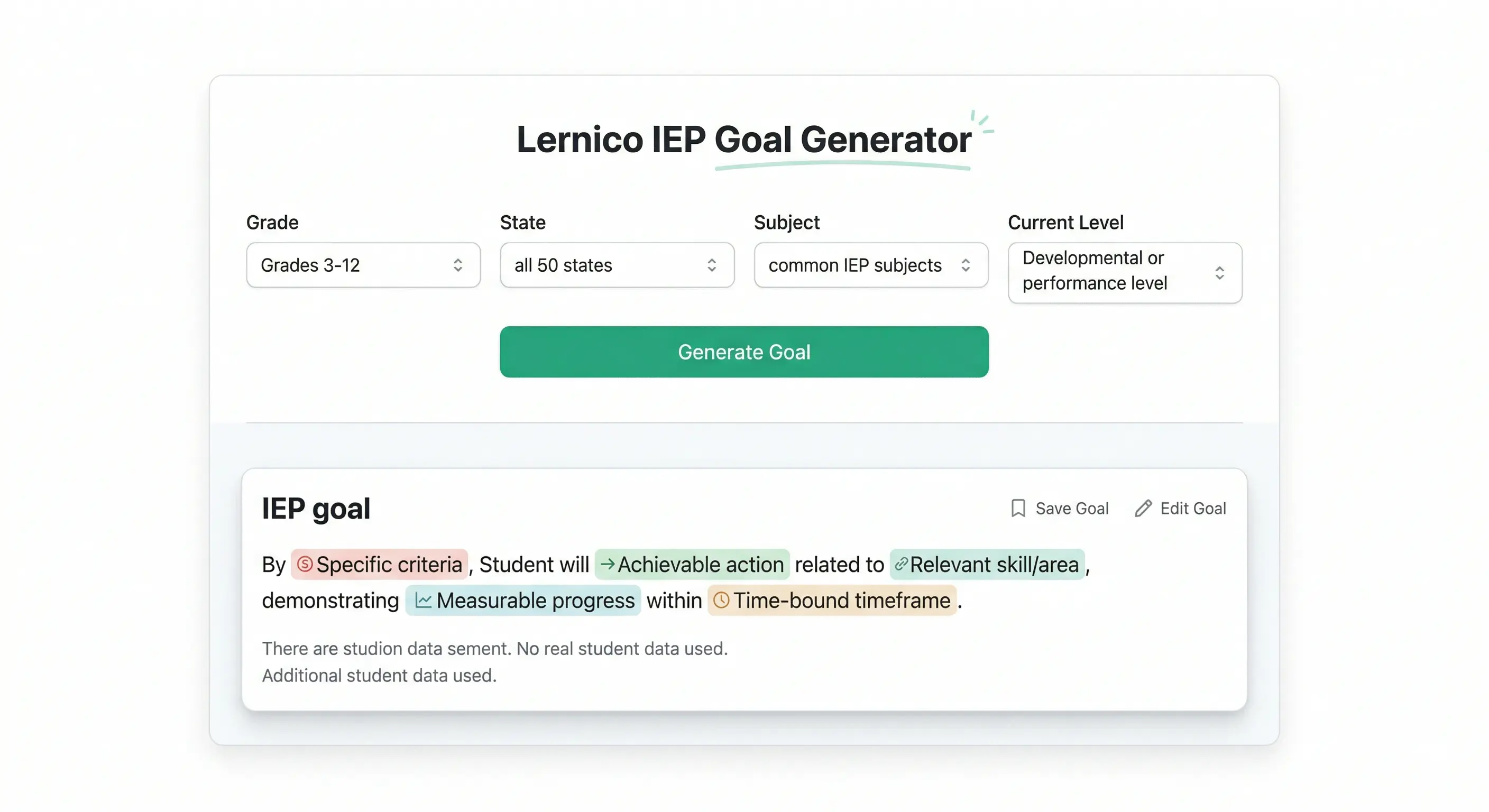[IMAGE 4: Lernico IEP goal generator interface creating a standards-aligned SMART IEP goal for a 4th grade reading student]