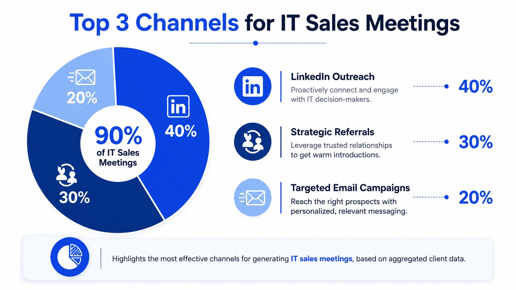 A pie chart showing that LinkedIn outreach, referrals, and email campaigns generate 90% of IT sales meetings.