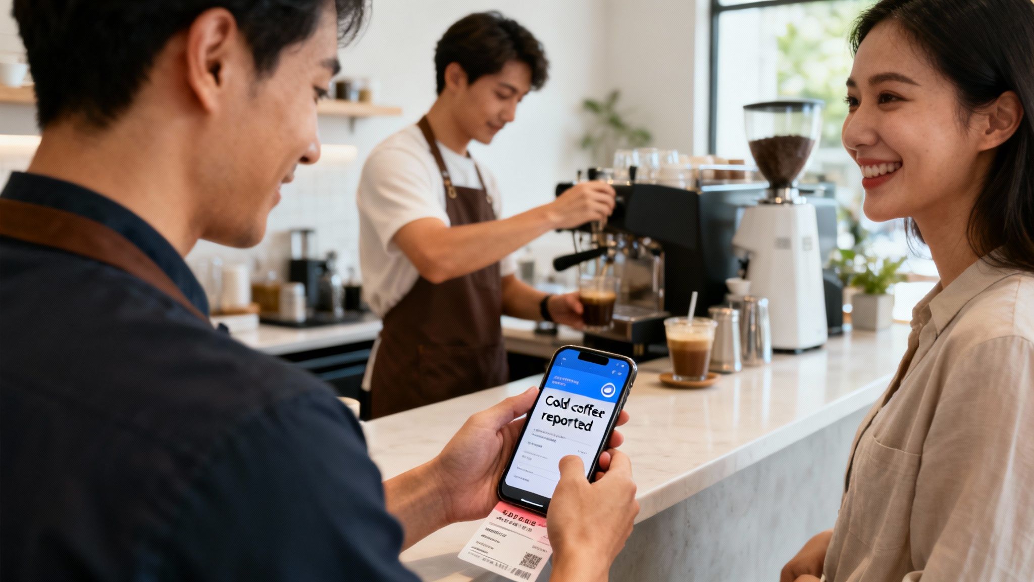A customer holds a smartphone reporting a cold coffee issue in a busy coffee shop.