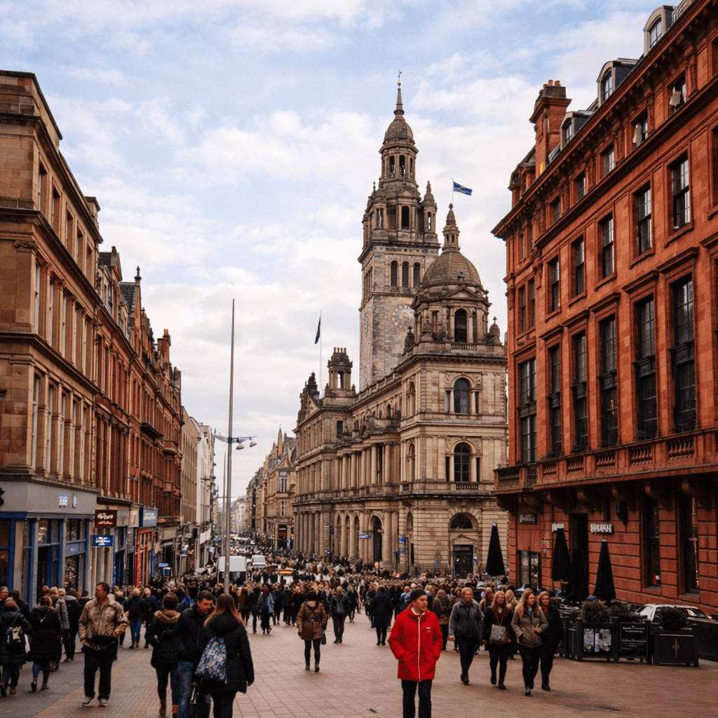 Glasgow UK city centre street with historic sandstone architecture and busy pedestrian area representing digital marketing and business growth in Glasgow