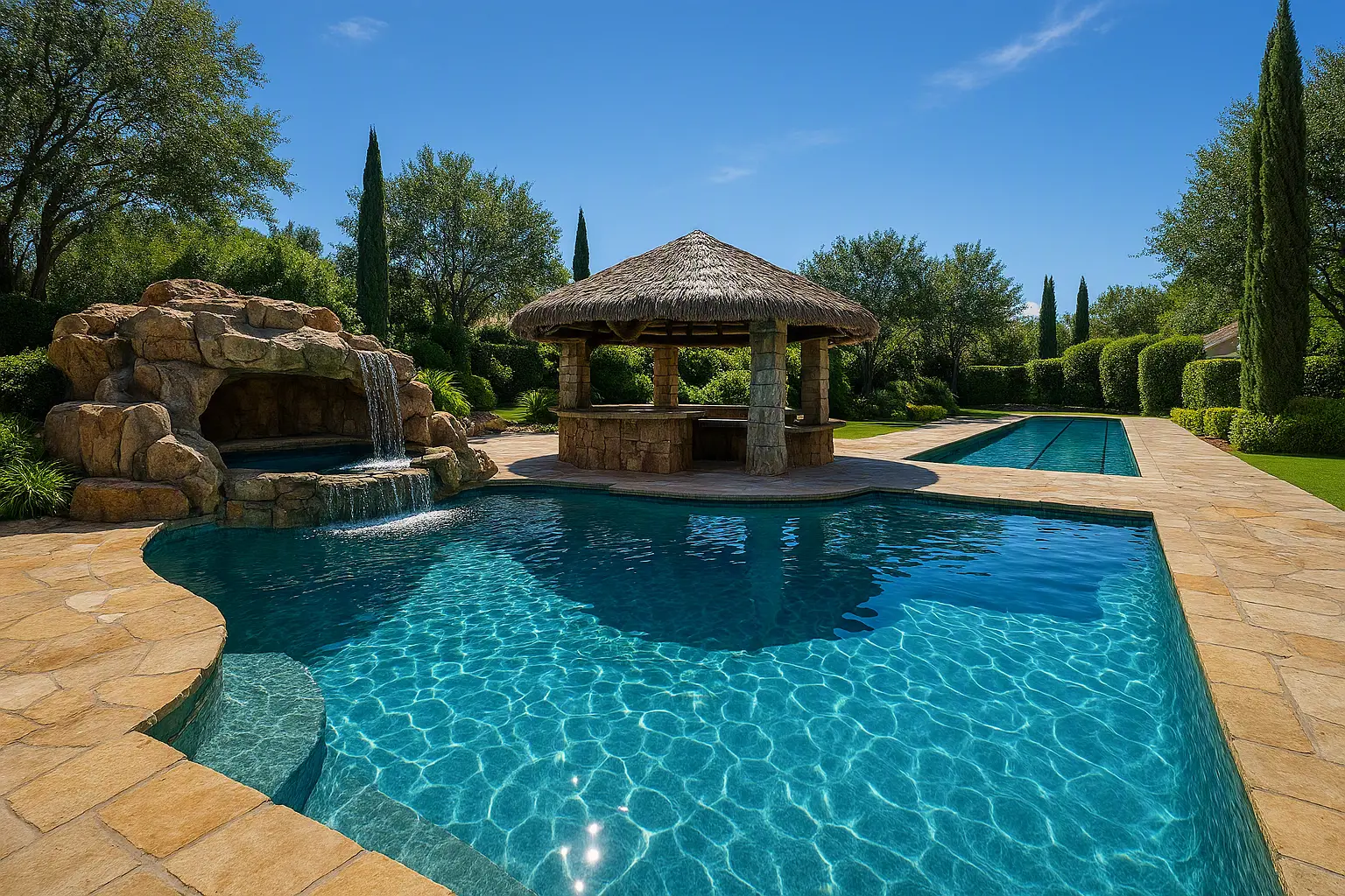 Resort-style backyard pool featuring a natural rock waterfall with grotto, thatched-roof swim-up bar, lap pool section, and lush tropical landscaping
