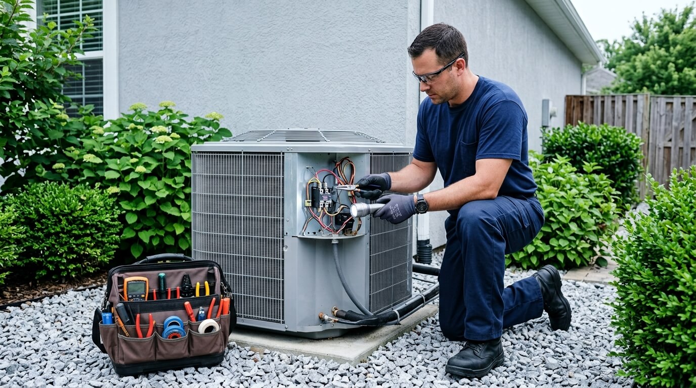 HVAC Tech kneeling to diagnose AC