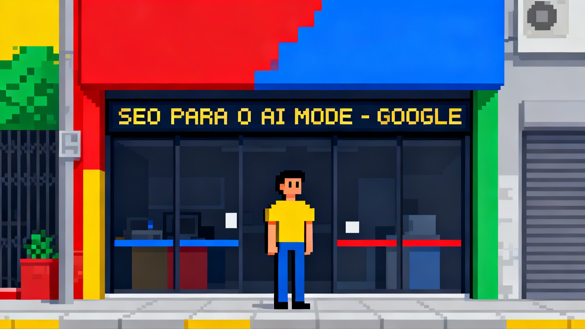 Turn this photo into 8-bit retro video game style image. Maintain the exact text SEO PARA O AI MODE - GOOGLE