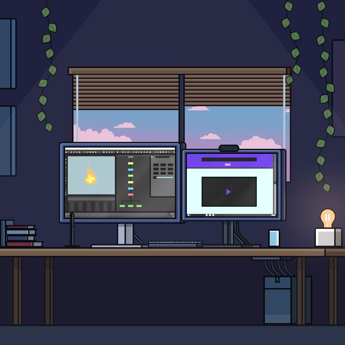 Learn what you want when you want - computer and desk in cozy office using SideFX Houdini and Battleready Academy