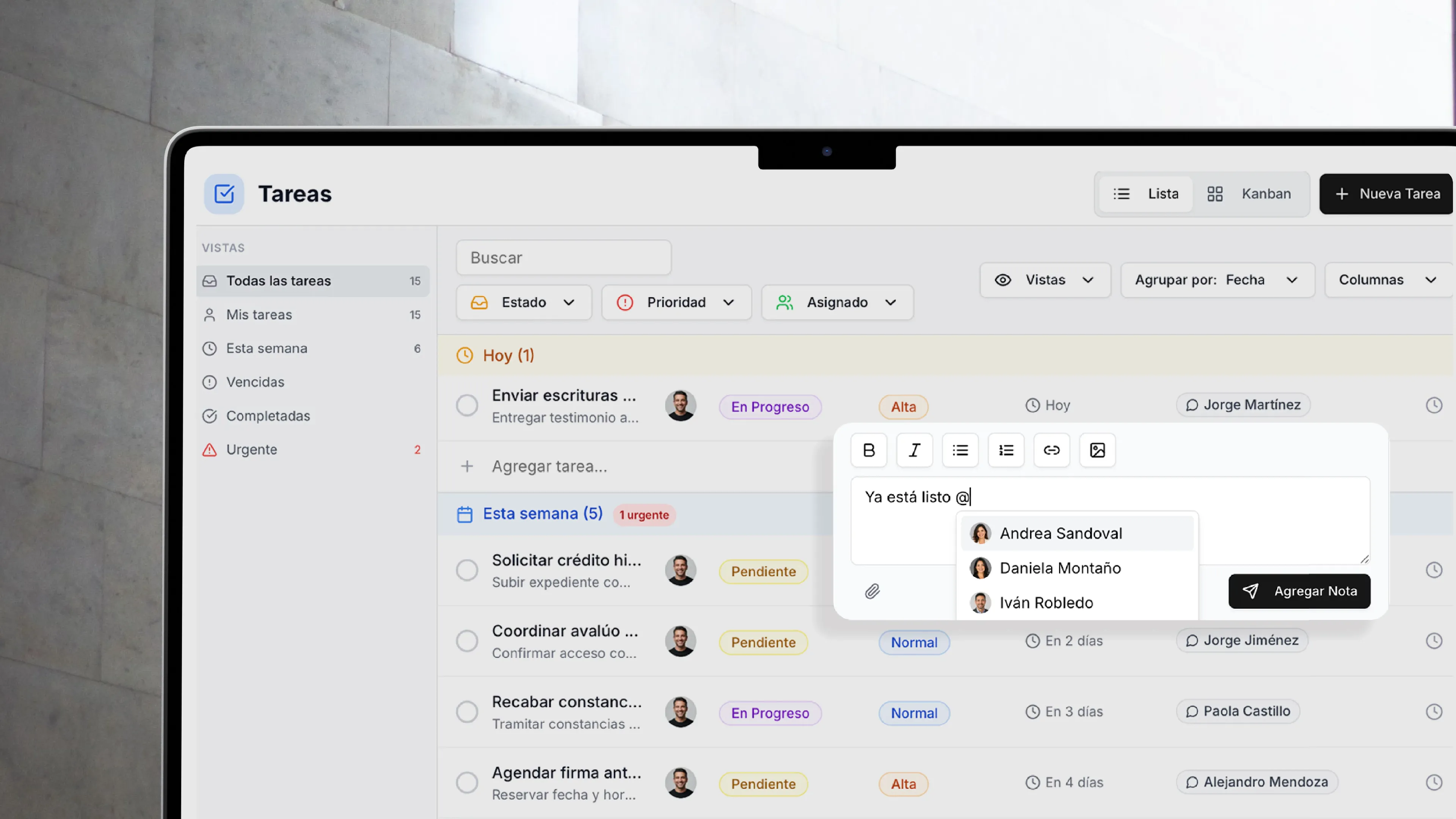 UI de tareas en Asistian