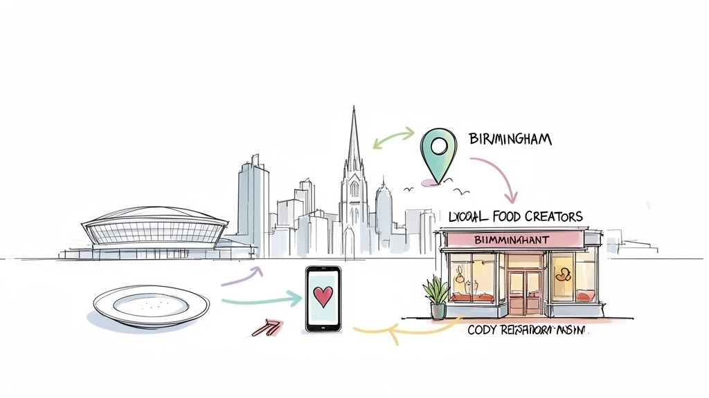 Illustration of Birmingham's local food creators connecting with customers through a mobile app.