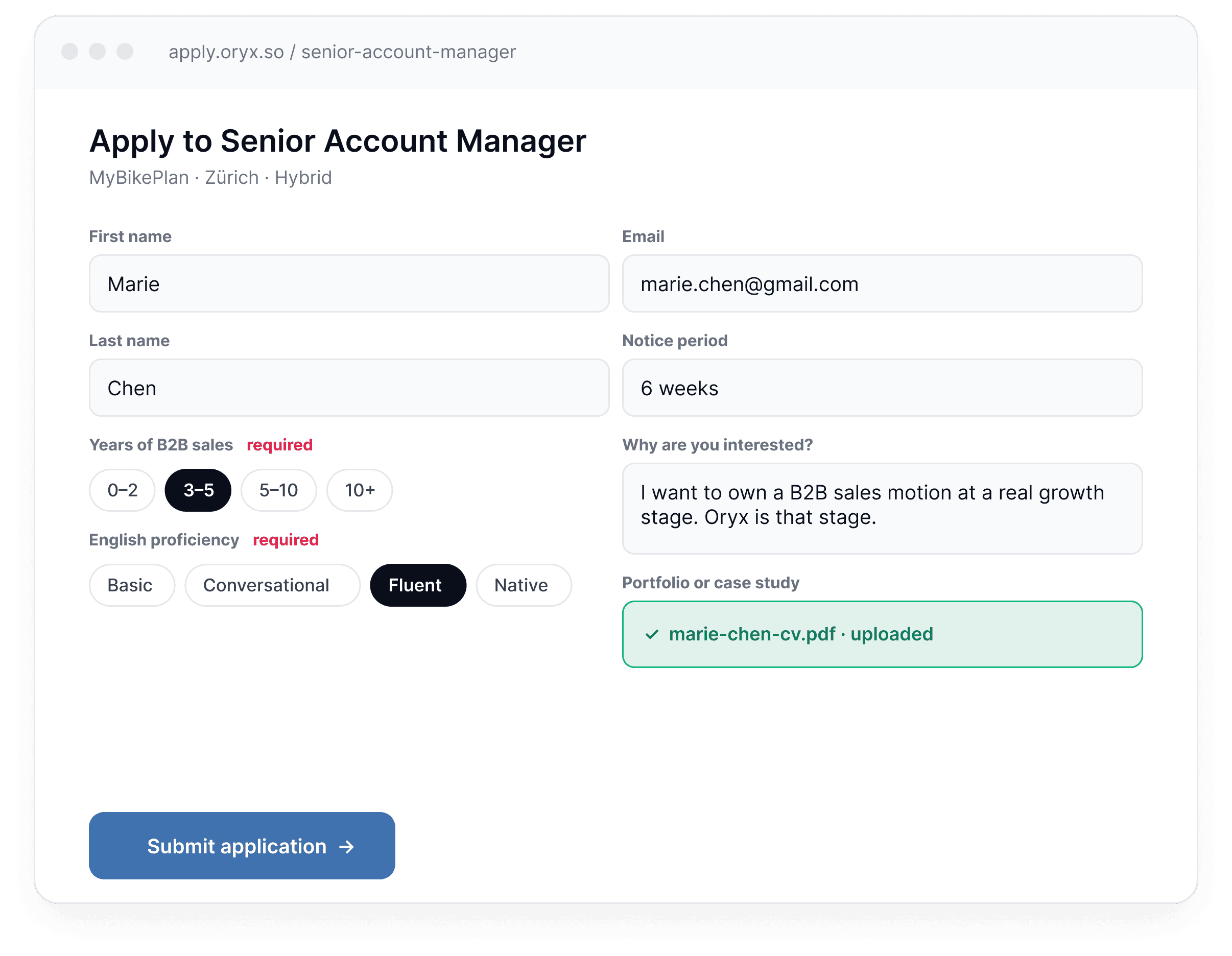 Screenshot showing the custom application form