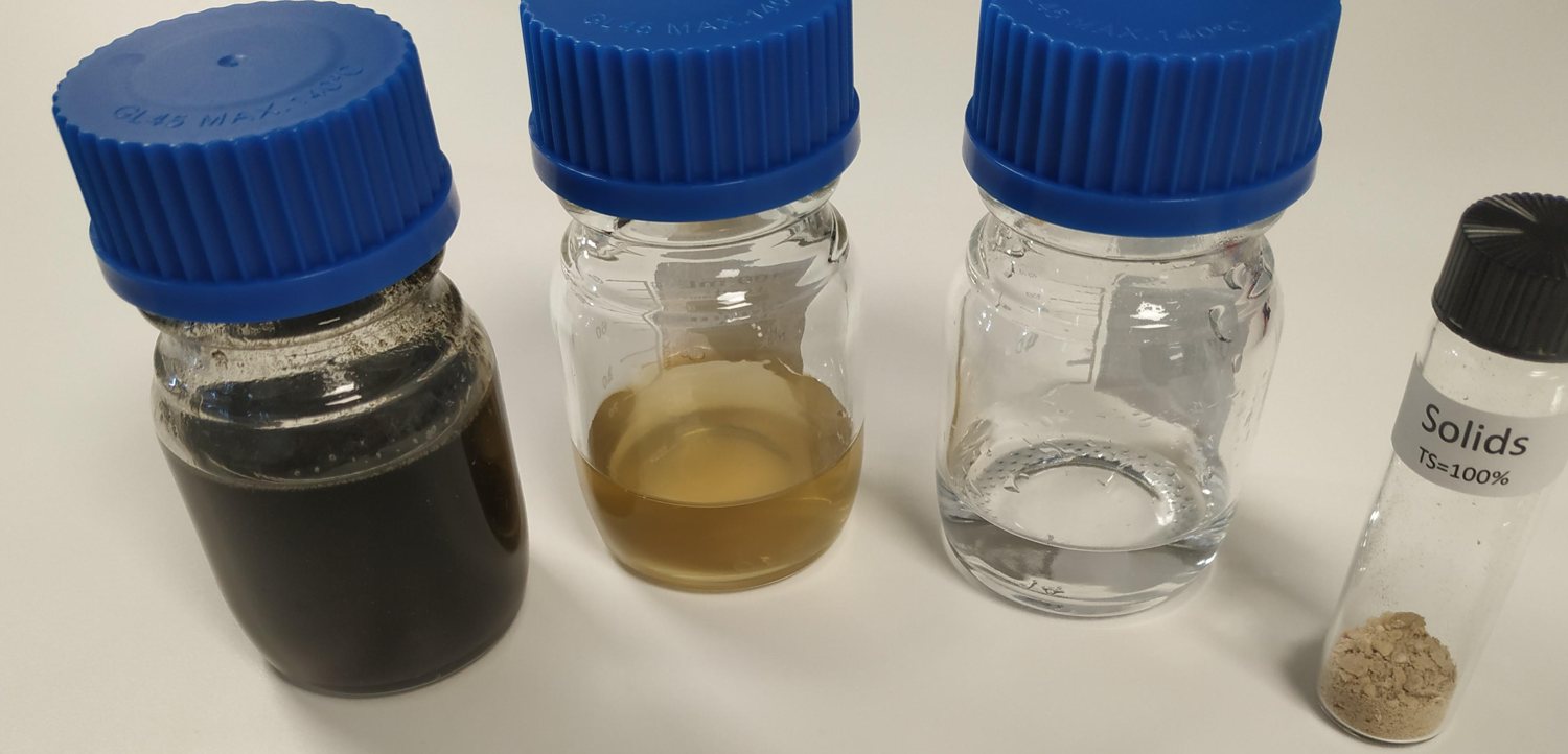 Water samples before and after treatment in a UTB research project