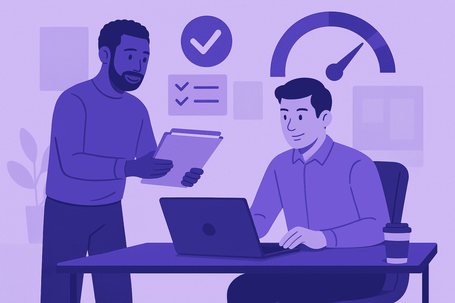 A flat-style digital illustration of a leader delegating tasks to a colleague while the other focuses on work at a laptop, symbolizing teamwork, efficiency, and effective task delegation.