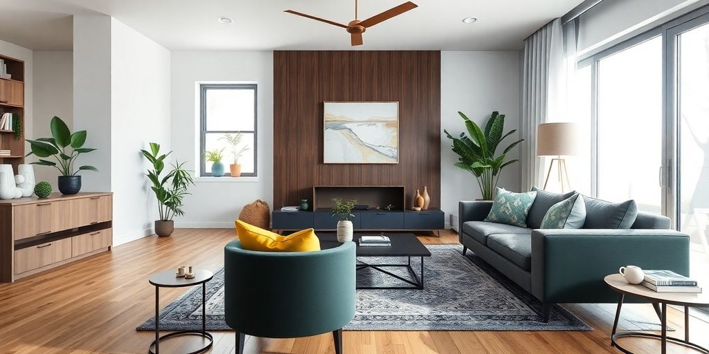 Modern digitally staged living room with natural light.