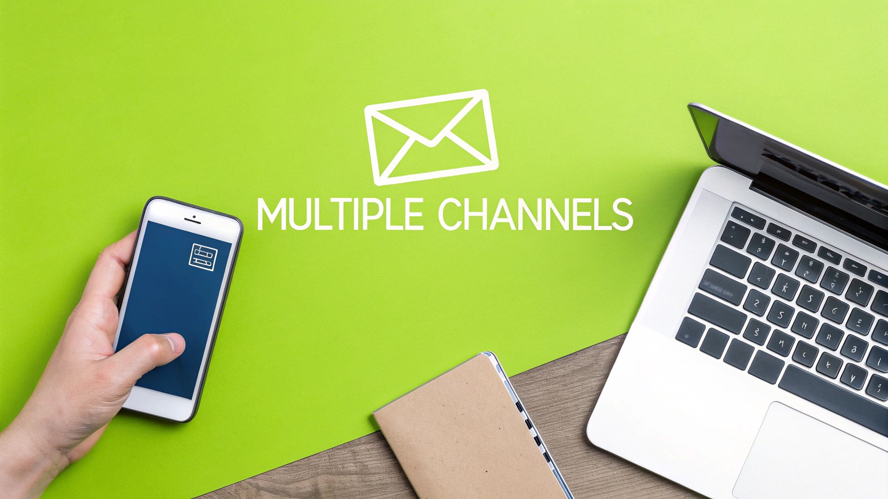 Overhead view of a smartphone, laptop, and notebook on a green background with 'MULTIPLE CHANNELS' text and an email icon, illustrating diverse communication methods.