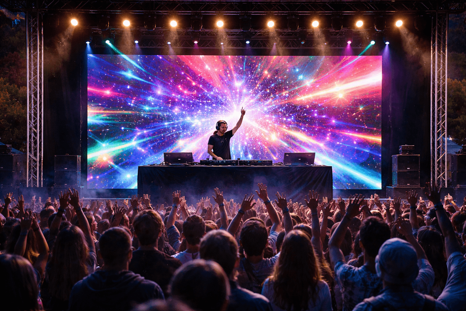 a red, blue and green fluid painting on a black background